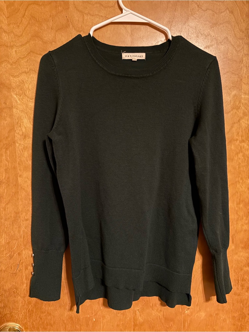 Dark Green Women's Crewneck Sweater with Button Cuff